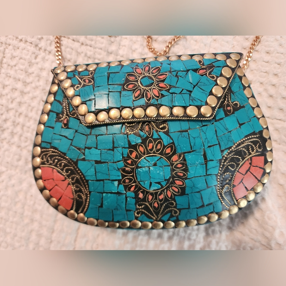 Ramla Handmade Turquoise Mosaic Floral Purse with Gold Chain Strap Southwestern